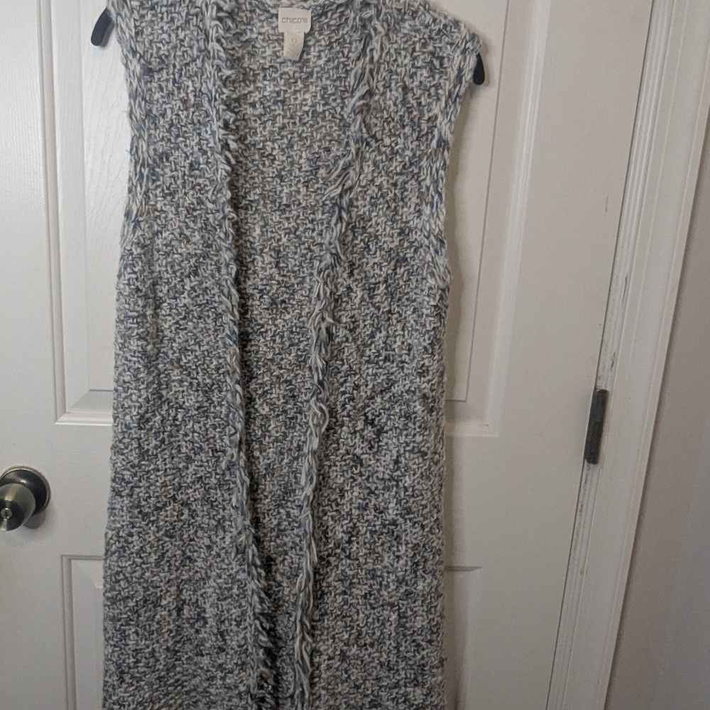 Chico's Long Multicolored Open-Front Crochet Cardigan Sweater Vest, Size 0
